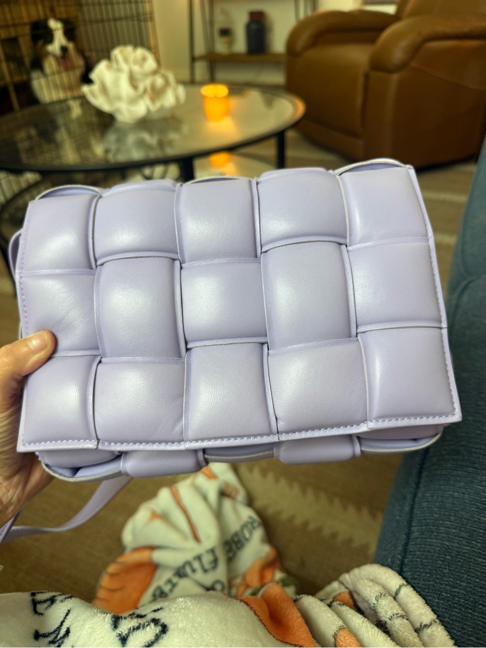 Lavender Bottega Veneta Cassette Bag in Woven Calf Skin